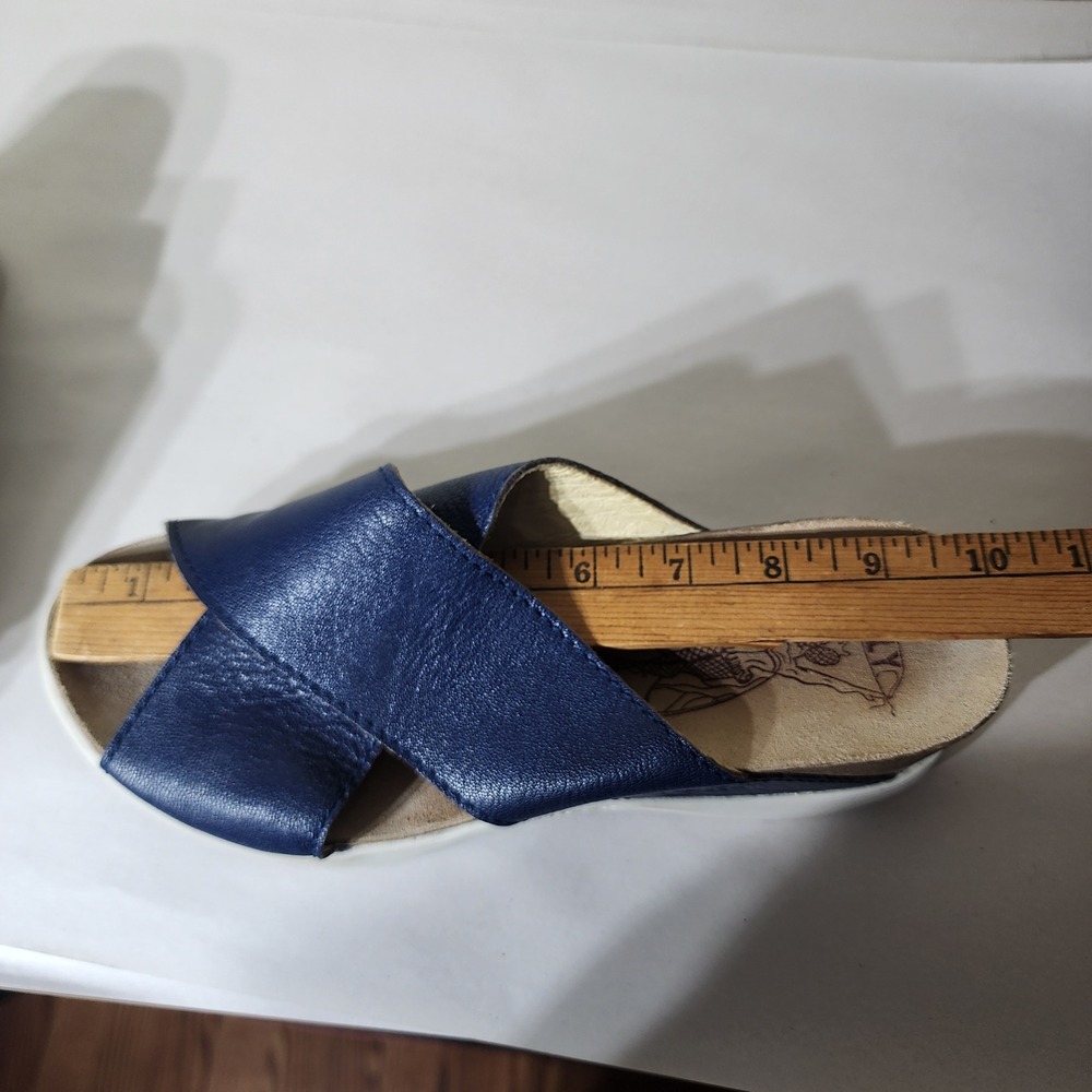 Fly London Navy Blue Leather Cross Strap Wedge Slide Sandals Womens 41 US 10 - Picture 9 of 10